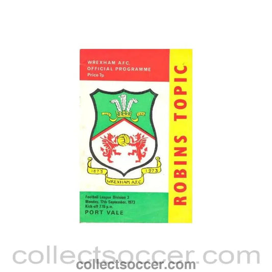1973 - Wrexham v Port Vale official programme 17/09/1973 League Cup - Collect Soccer
