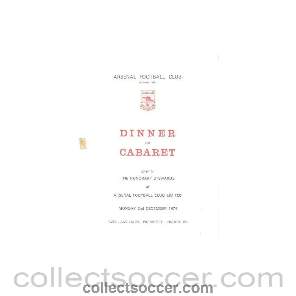 1974 - Arsenal - Dinner & Cabaret to The Honorary Stewards of Arsenal FC menu 02/12/1974