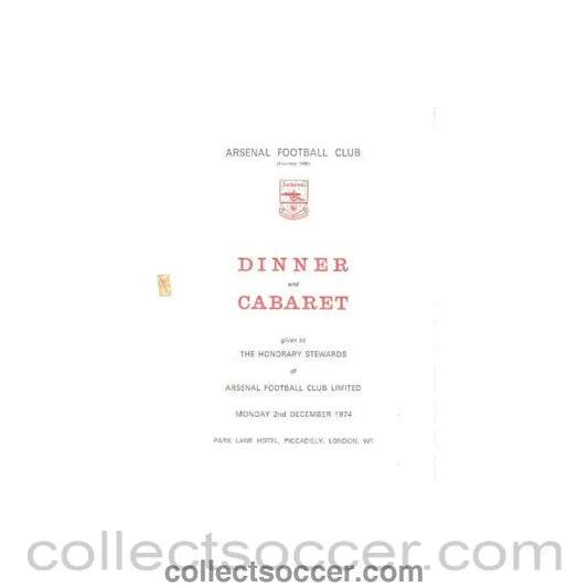 1974 - Arsenal - Dinner & Cabaret to The Honorary Stewards of Arsenal FC menu 02/12/1974