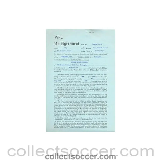 1974 - Contract For Hire of a Player between Birmingham City F.C. and Stephen Edward Phillips of 24/07/1974