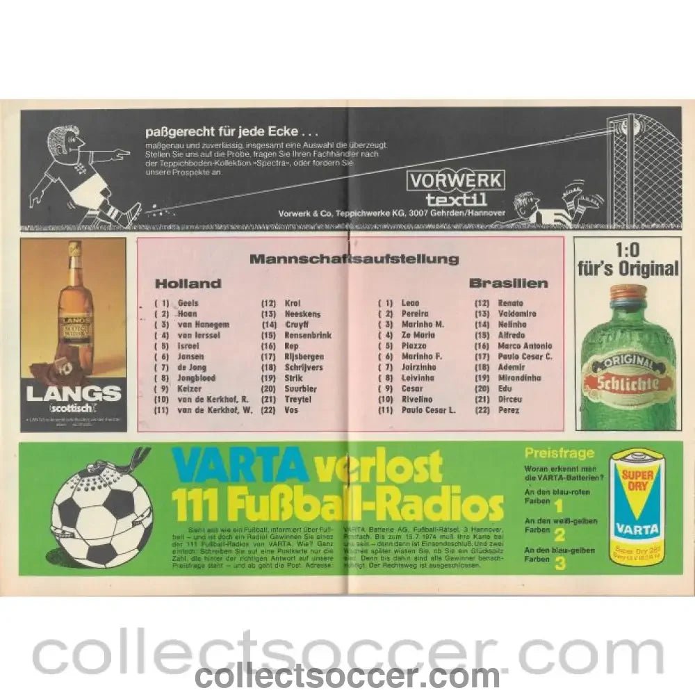 1974 - 1974 Football World Cup Netherlands v Brazil Programme - Collect Soccer
