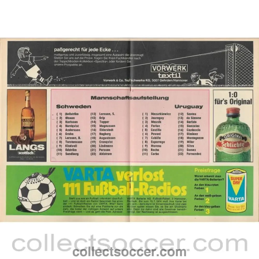 1974 - 1974 Football World Cup Sweden v Uruguay Programme - Collect Soccer