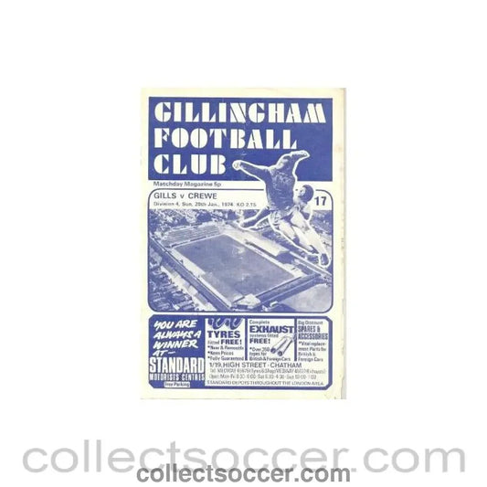 1974 - Gillingham v Crewe Alexandra official programme 20/01/1974 League - Collect Soccer