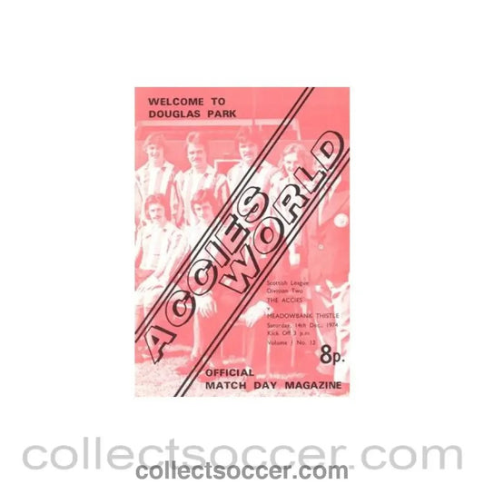 1974 - Hamilton Academical (Accies) v Meadowbank Thistle official programme 14/12/1974 Scottish League - Collect Soccer