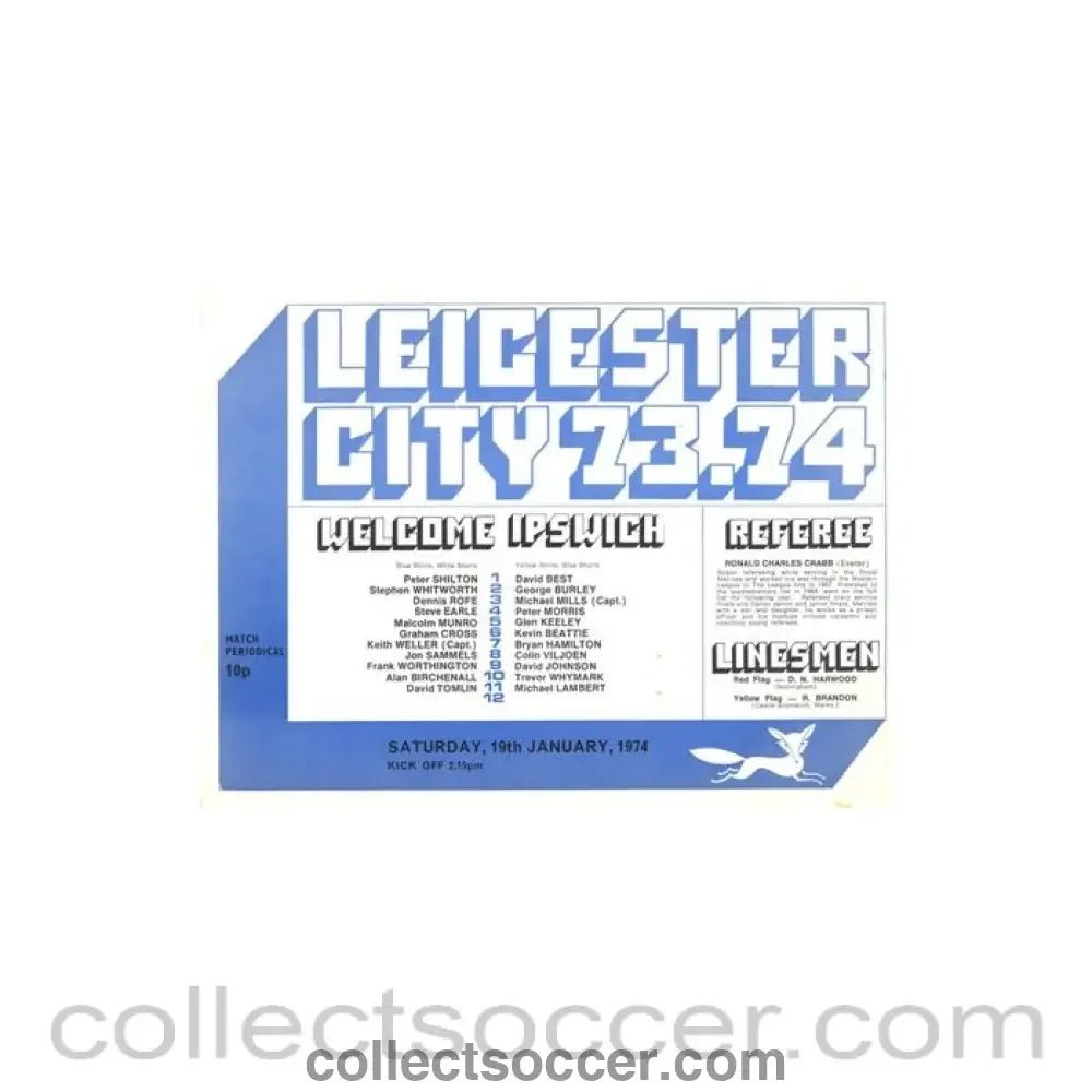 1974 - Leicester City v Ipswich Town official programme 19/01/1974 - Collect Soccer