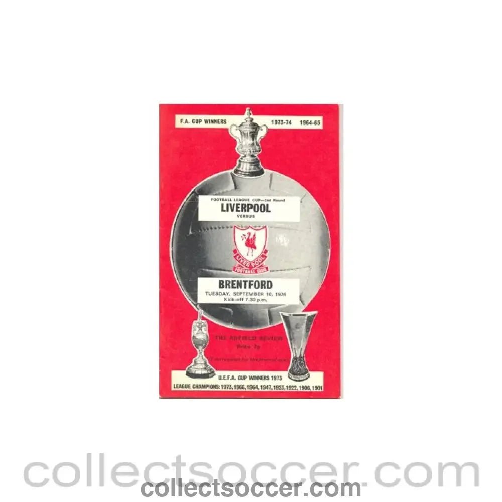 1974 - Liverpool v Brentford official programme 10/09/1974 - Collect Soccer