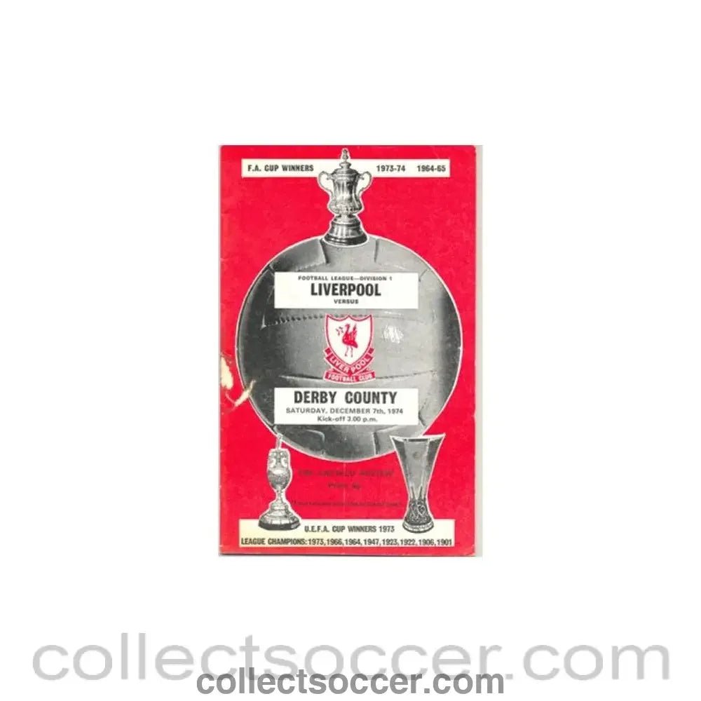 1974 - Liverpool v Derby County official programme 07/12/1974 - Collect Soccer