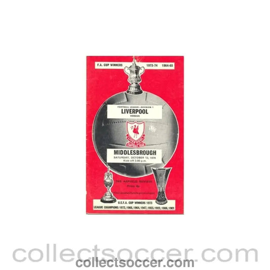 1974 - Liverpool v Middlesbrough official programme 12/10/1974 - Collect Soccer