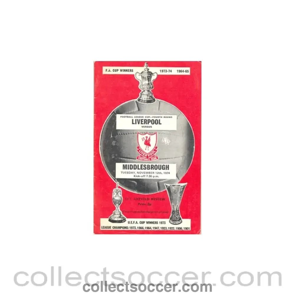 1974 - Liverpool v Middlesbrough official programme 12/11/1974 - Collect Soccer