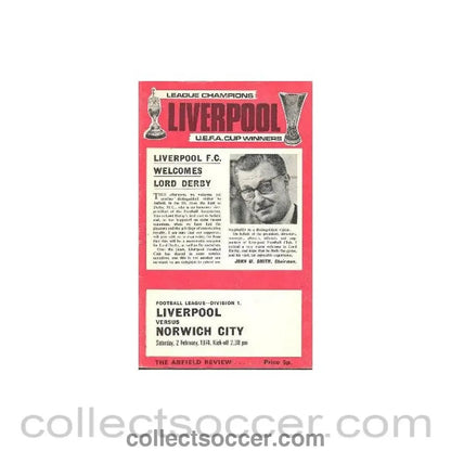 1974 - Liverpool v Norwich City official programme 02/02/1974 - Collect Soccer