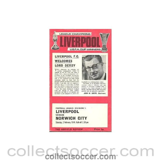 1974 - Liverpool v Norwich City official programme 02/02/1974 - Collect Soccer