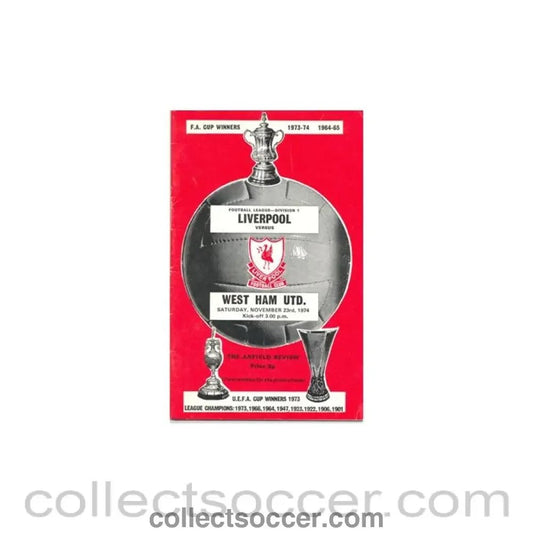 1974 - Liverpool v West Ham United official programme 23/11/1974 - Collect Soccer
