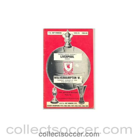1974 - Liverpool v Wolverhampton W. official programme 27/08/1974 - Collect Soccer