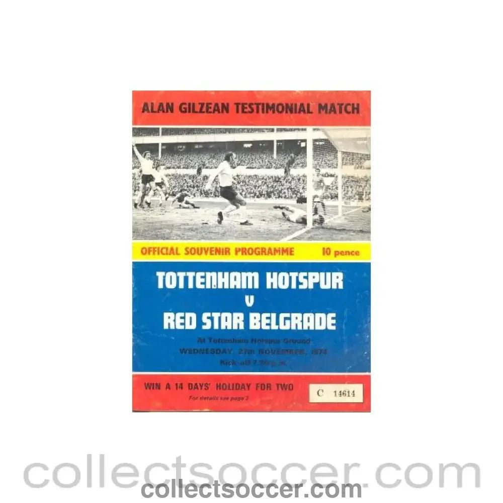 1974 - Tottenham Hotspur v Red Star Belgrade official programme 27/11/1974 Alan Gilzean Testimonial Match - Collect Soccer