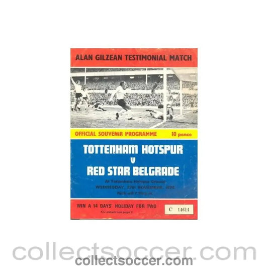 1974 - Tottenham Hotspur v Red Star Belgrade official programme 27/11/1974 Alan Gilzean Testimonial Match - Collect Soccer