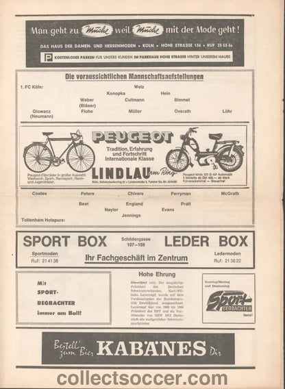 1974 UEFA Cup Quarter Final Koln Cologne v Tottenham Hotspur Official Programme