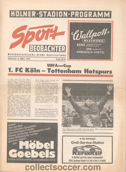 1974 UEFA Cup Quarter Final Koln Cologne v Tottenham Hotspur Official Programme