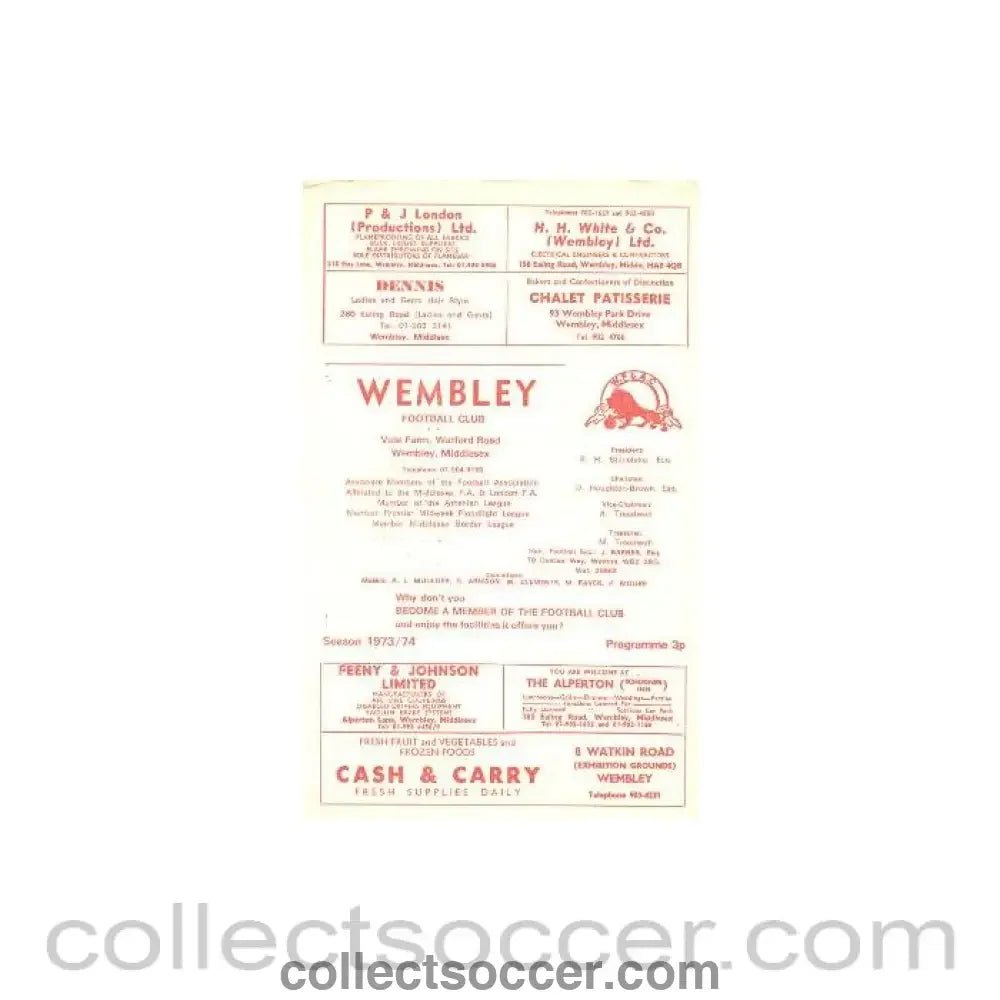 1974 - Wembley v Leyton official programme 26/08/1974 - Collect Soccer