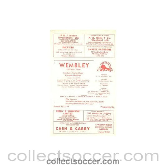 1974 - Wembley v Leyton official programme 26/08/1974 - Collect Soccer