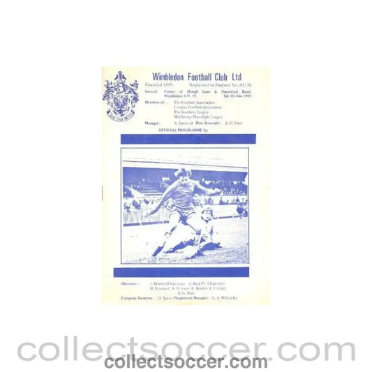 1974 - Wimbledon v Weymouth official programme 12/11/1974 - Collect Soccer