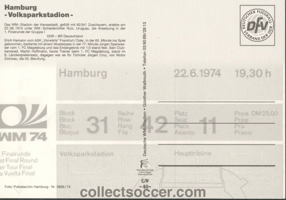 1974 World Cup Postcard East Germany v West Germany played in Hamburg 22/6/1974