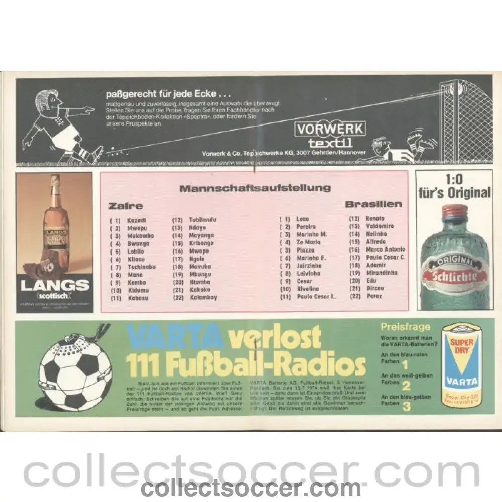 1974 World Cup - Zaire v Brazil official programme 22/06/1974 - Collect Soccer