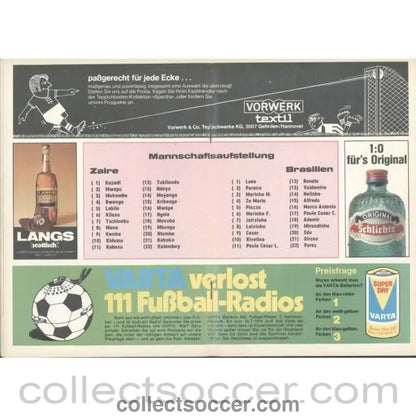 1974 World Cup - Zaire v Brazil official programme 22/06/1974 - Collect Soccer
