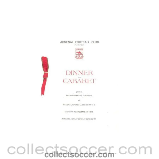 1975 - Arsenal - Dinner & Cabaret to The Honorary Stewards of Arsenal FC menu 01/12/1975
