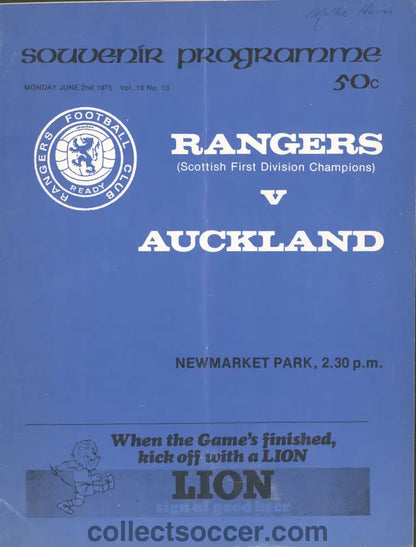 1975 Auckland v Glasgow Rangers Official Programme
