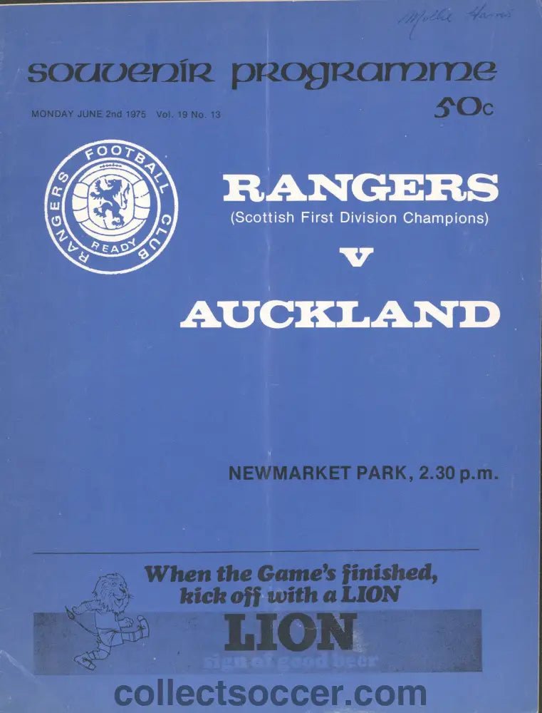 1975 Auckland v Glasgow Rangers With Rare Single Sheet Official Programme - Collect Soccer