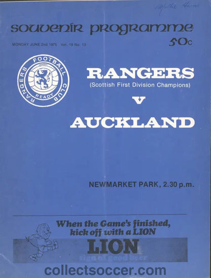 1975 Auckland v Glasgow Rangers With Rare Single Sheet Official Programme - Collect Soccer