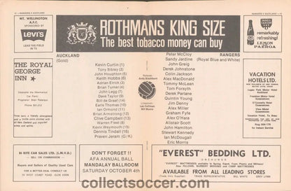 1975 Auckland v Glasgow Rangers With Rare Single Sheet Official Programme - Collect Soccer