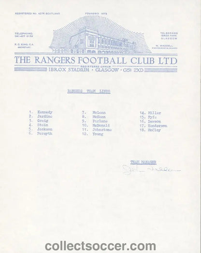 1975 Auckland v Glasgow Rangers With Rare Single Sheet Official Programme - Collect Soccer
