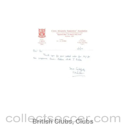 1975 - Crewe Alexandra Supporters’ Association letter 15/09/1975