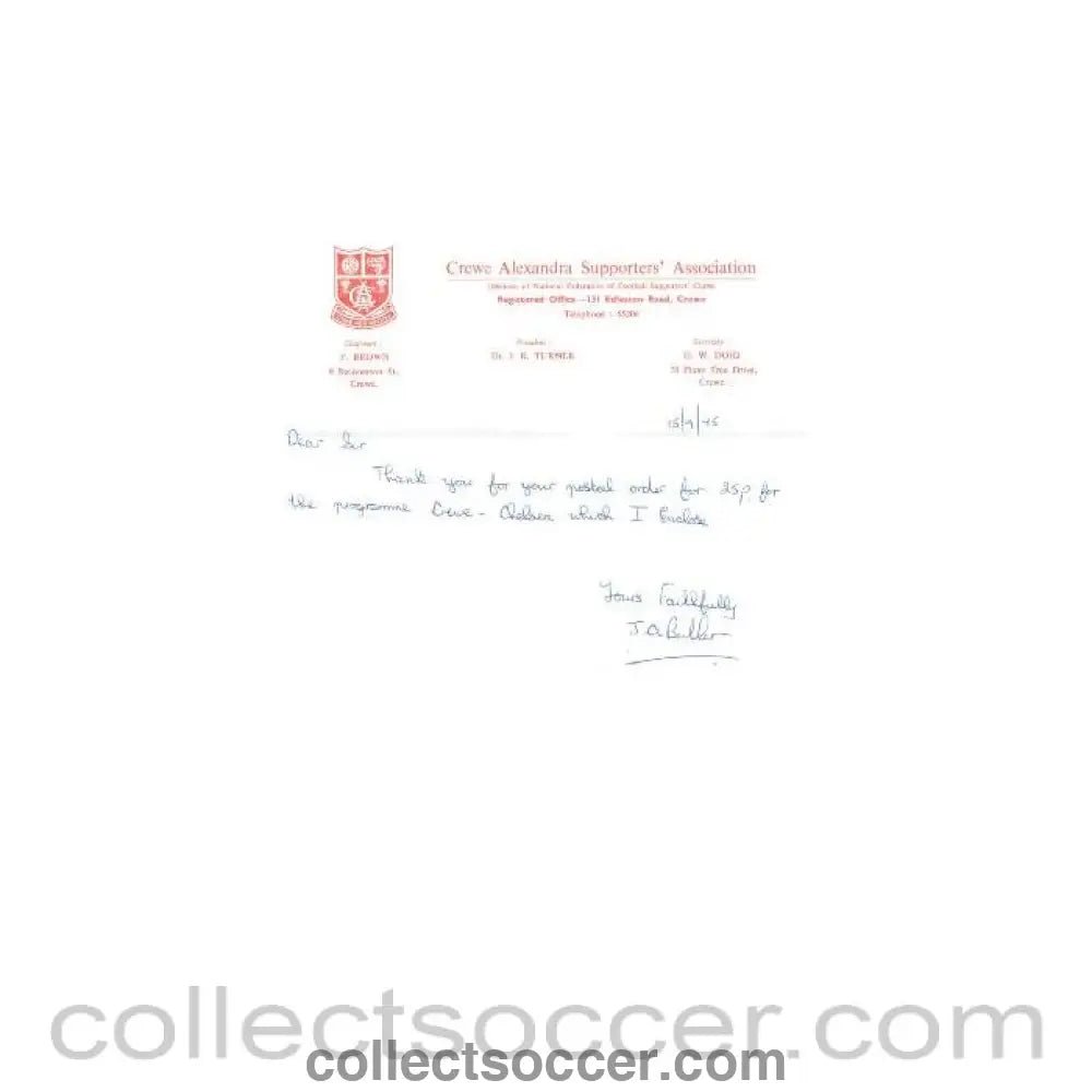 1975 - Crewe Alexandra Supporters' Association letter 15/09/1975 - Collect Soccer