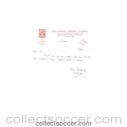 1975 - Crewe Alexandra Supporters' Association letter 15/09/1975 - Collect Soccer