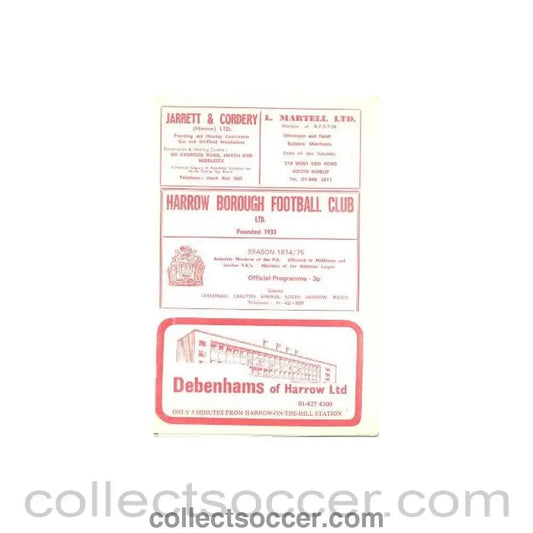1975 - Harrow Borough v Willesden official programme 11/03/1975 - Collect Soccer