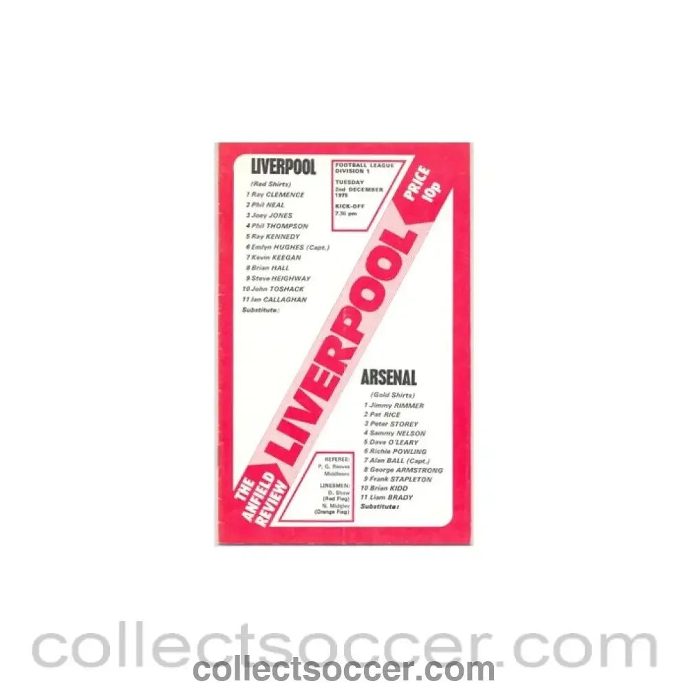 1975 - Liverpool v Arsenal official programme 02/12/1975 - Collect Soccer