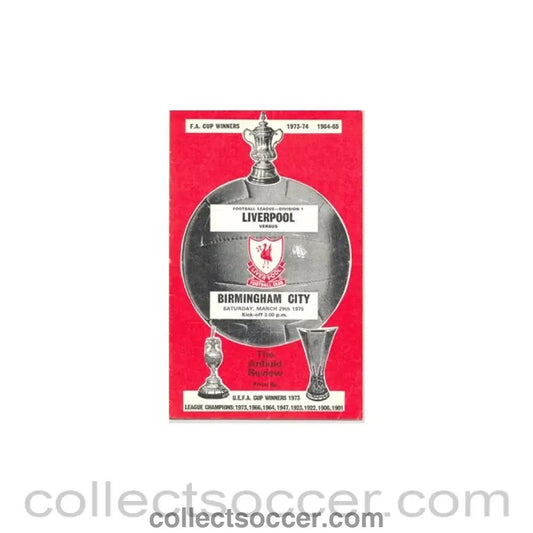 1975 - Liverpool v Birmingham City official programme 29/03/1975 - Collect Soccer