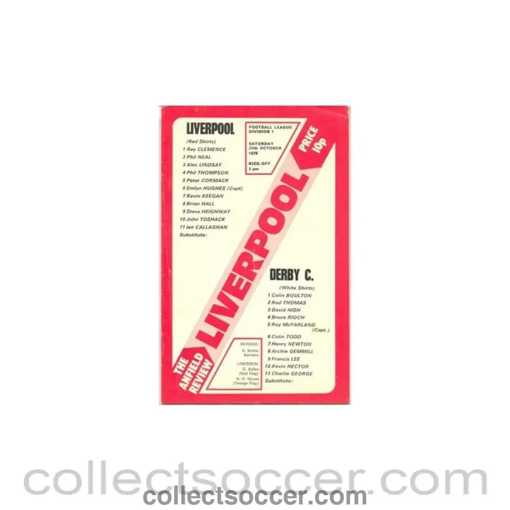 1975 - Liverpool v Derby County official programme 25/10/1975 - Collect Soccer