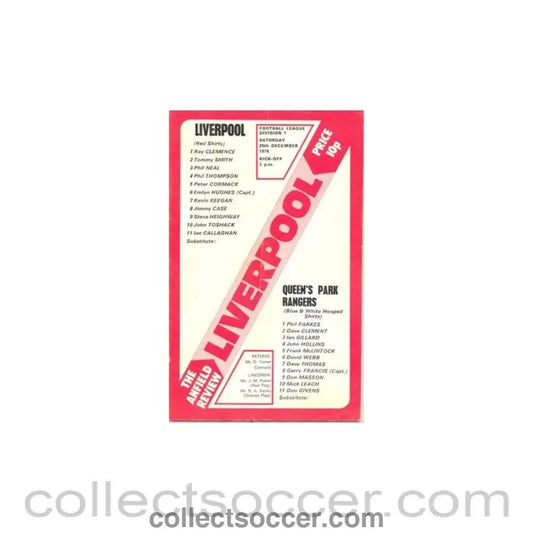 1975 - Liverpool v Queen's Park Rangers official programme 20/12/1975 - Collect Soccer