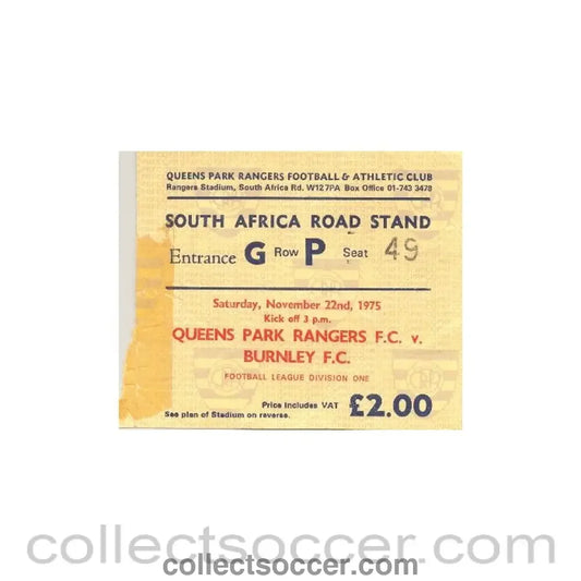 1975 - Queens Park Rangers v Burnley ticket 22/11/1975