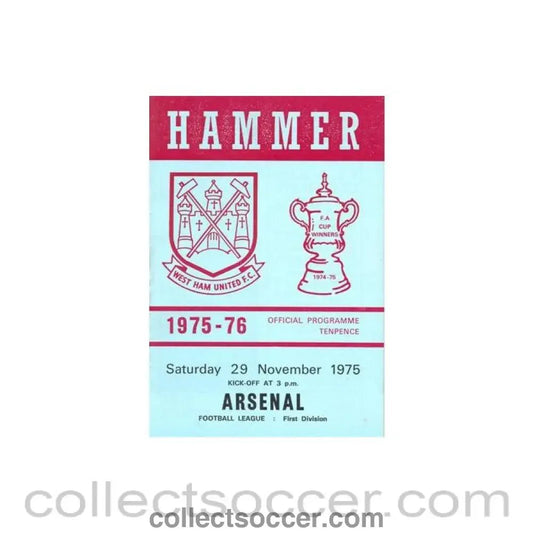 1975 - West Ham United v Arsenal official programme 29/11/1975 Football League - Collect Soccer