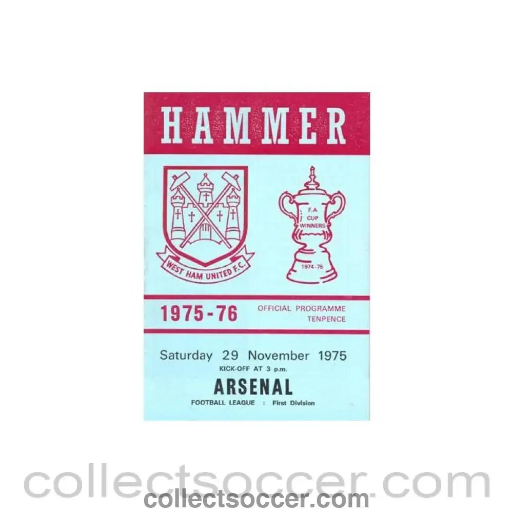 1975 - West Ham United v Arsenal official programme 29/11/1975 Football League - Collect Soccer