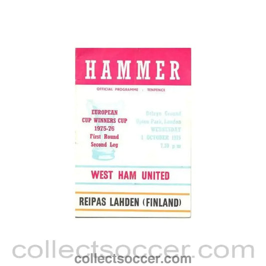 1975 - West Ham United v Reipas Lahden official programme 01/10/1975 - Collect Soccer