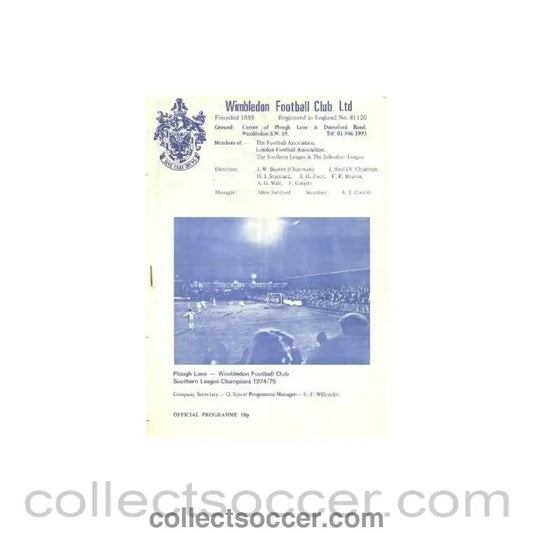 1975 - Wimbledon v Chelmsford City official programme 02/12/1975 - Collect Soccer