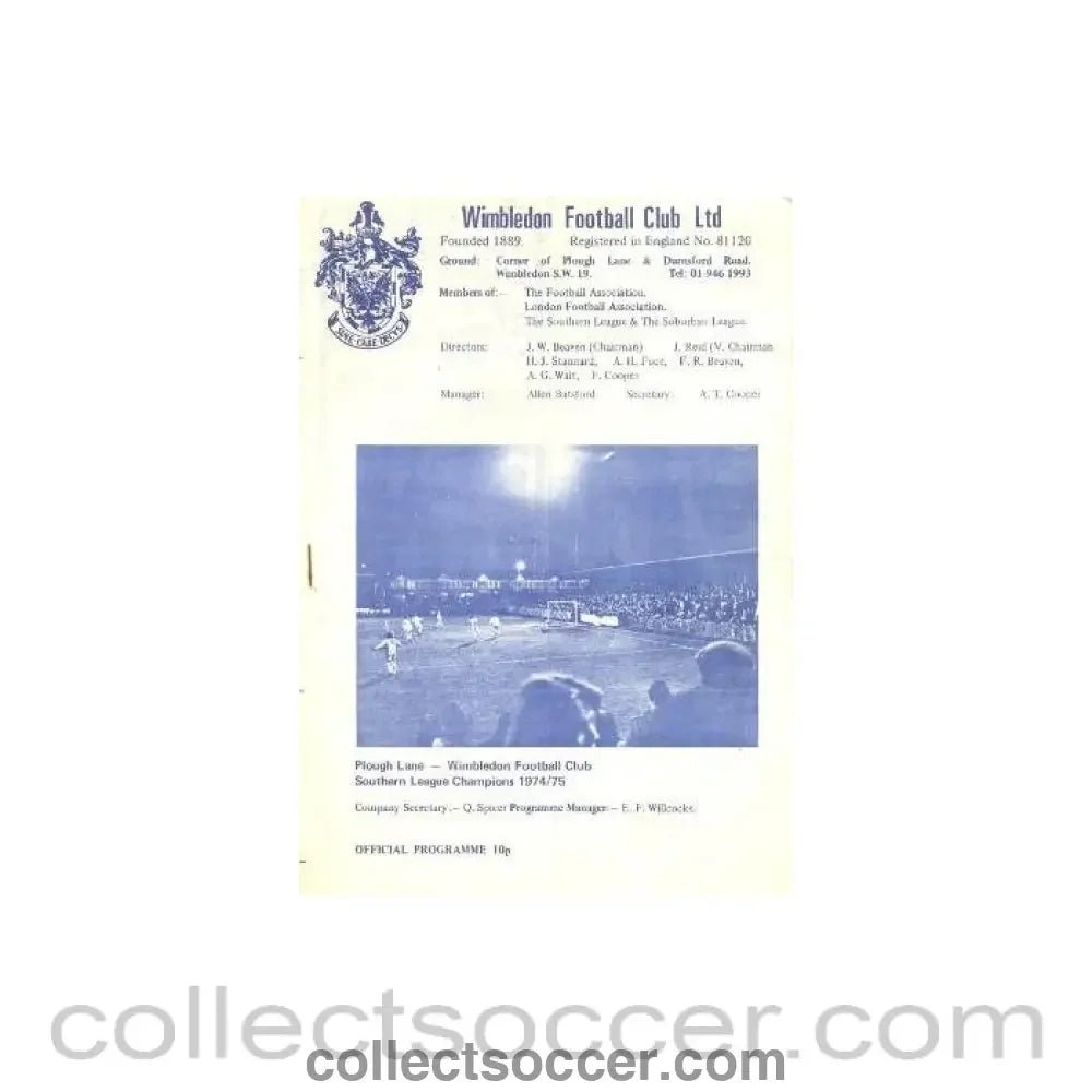 1975 - Wimbledon v Chelmsford City official programme 02/12/1975 - Collect Soccer