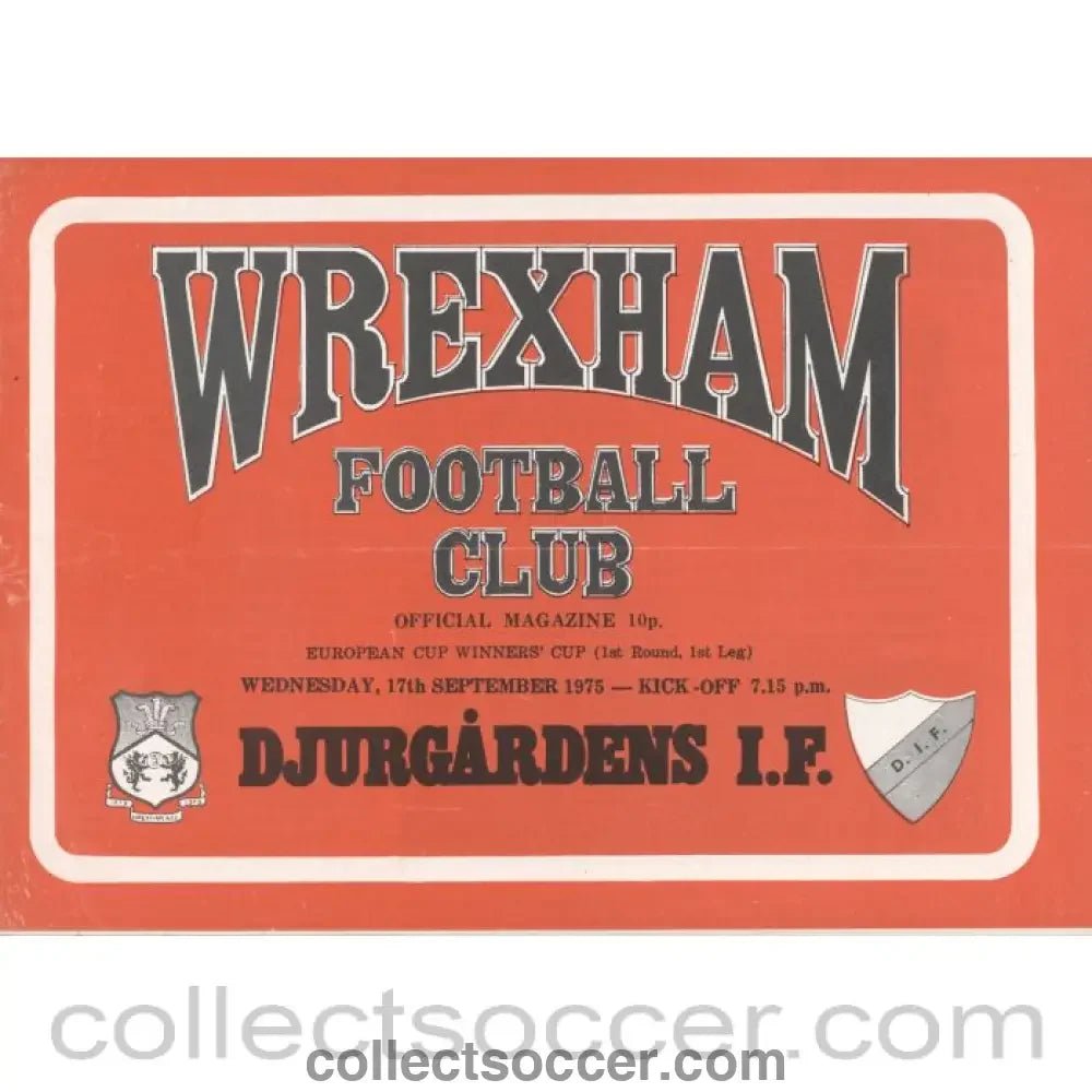 1975 - Wrexham v Djurgardens I.F. Cup Winners Cup 1st Round 1st Leg Official Football Programme 17/9/1975 - Collect Soccer