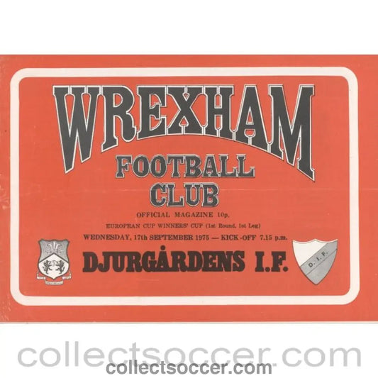 1975 - Wrexham v Djurgardens I.F. Cup Winners Cup 1st Round 1st Leg Official Football Programme 17/9/1975 - Collect Soccer