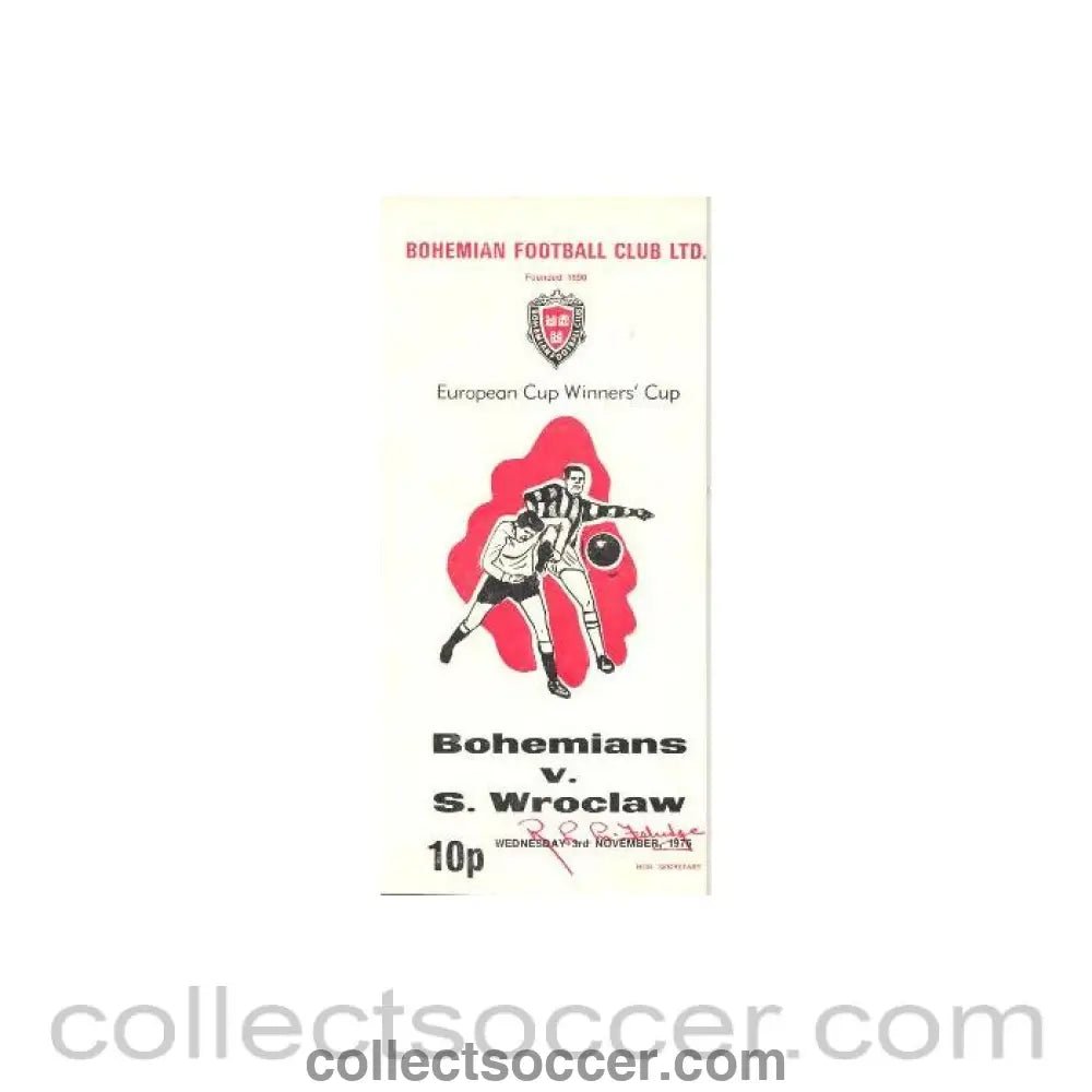 1976 - Bohemians v Wroclaw, Poland official programme 03/11/1976 European Cup Winners Cup - Collect Soccer
